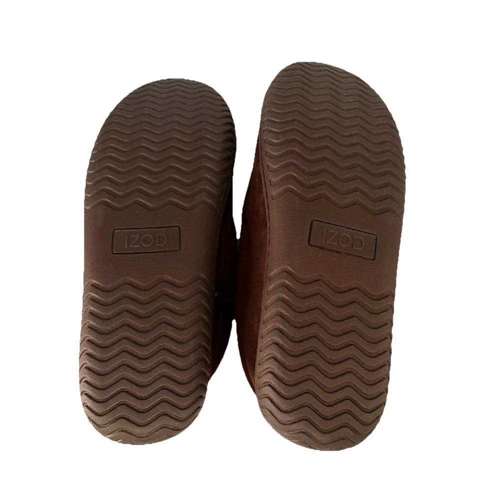 IZOD Men Brown Suede Faux Fur Lined Memory Foam Moccasin Slippers Size L‎ 9-10